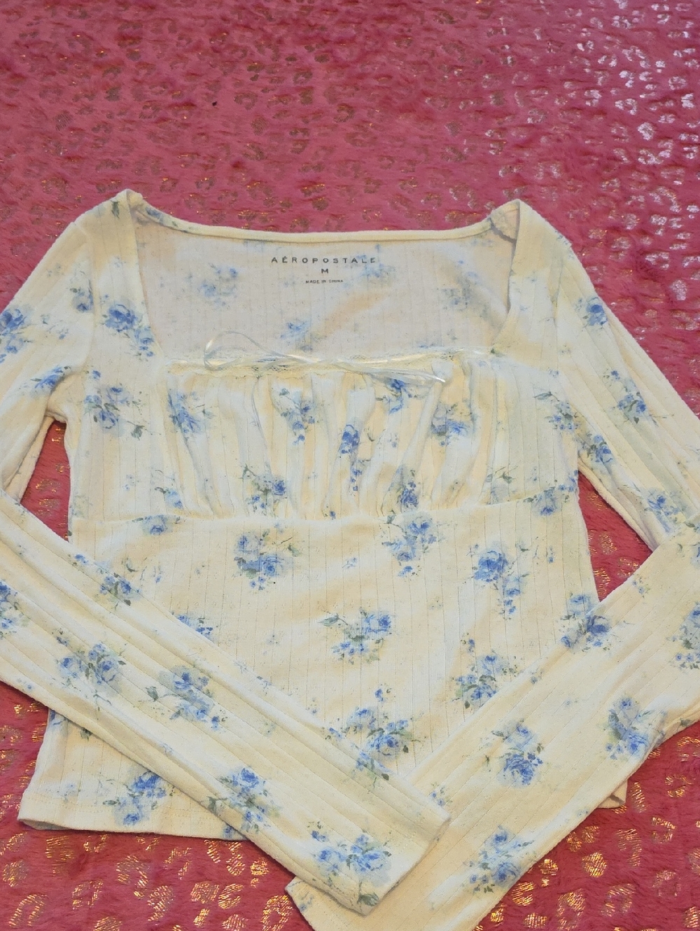 Aeropostale White Long Sleeve Floral Ribbed Top with Blue Flower Print